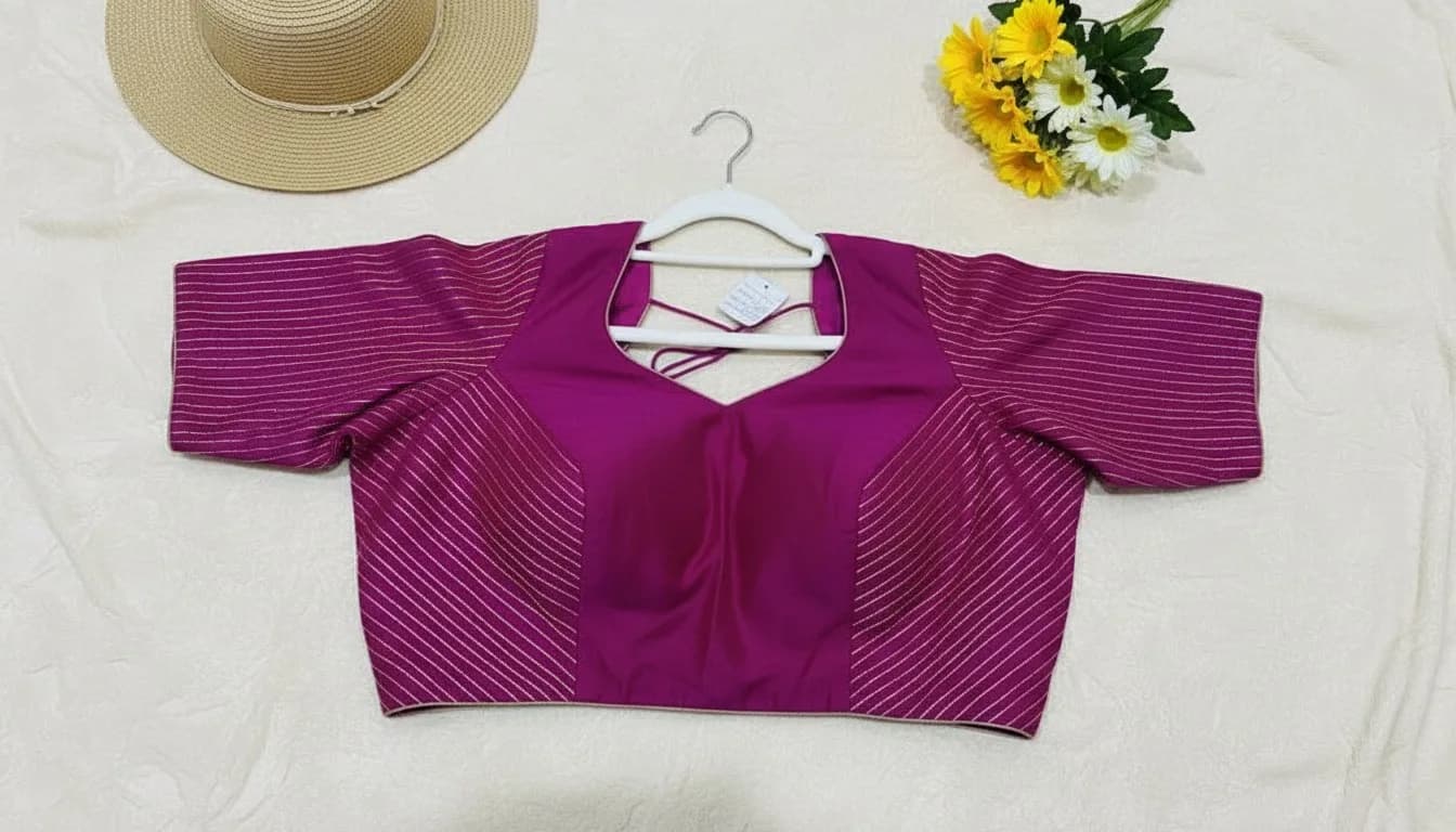 Deep Magenta Satin Cross‑Back Striped Blouse