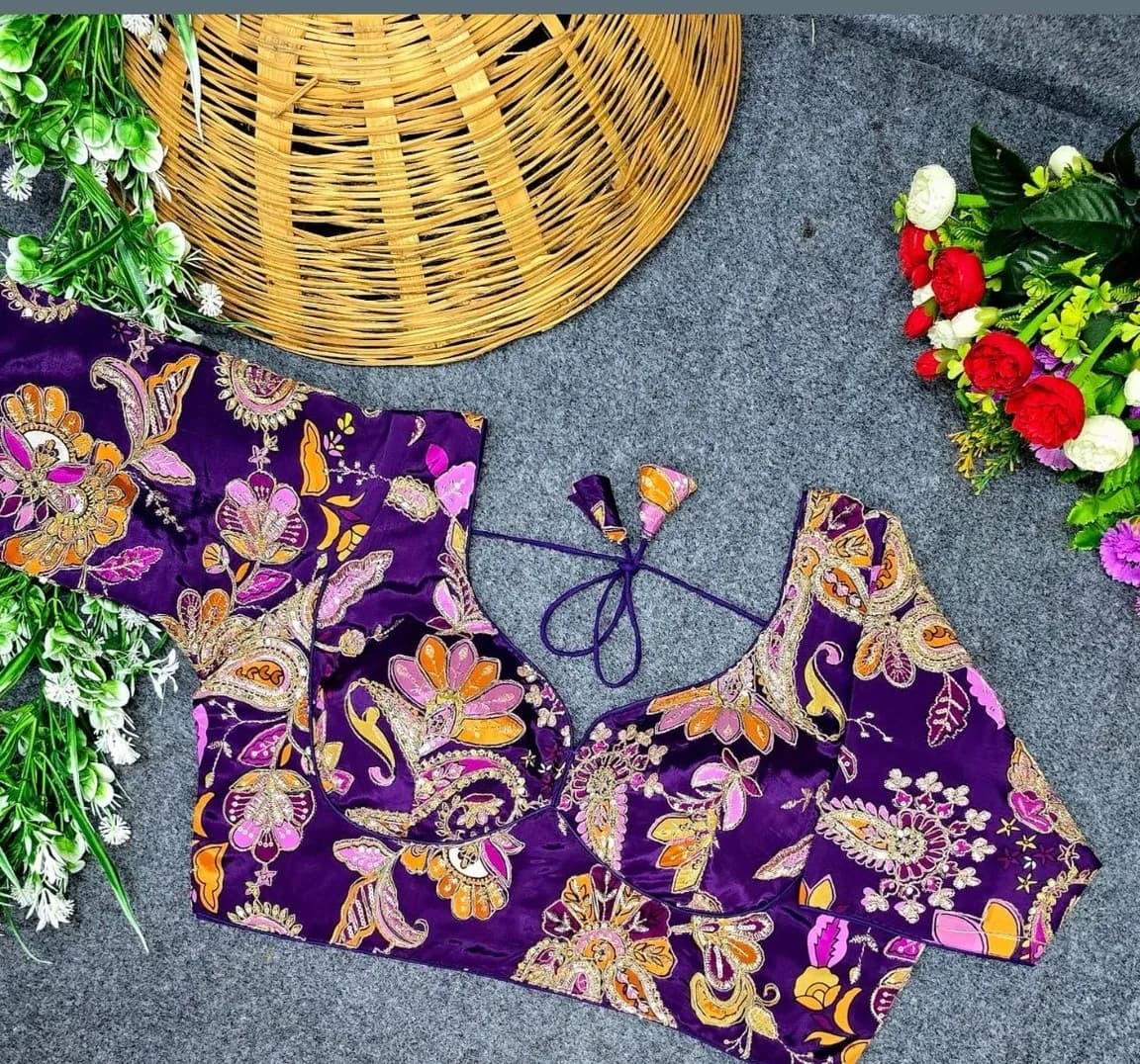 Purple Velvet Floral Embroidered Blouse