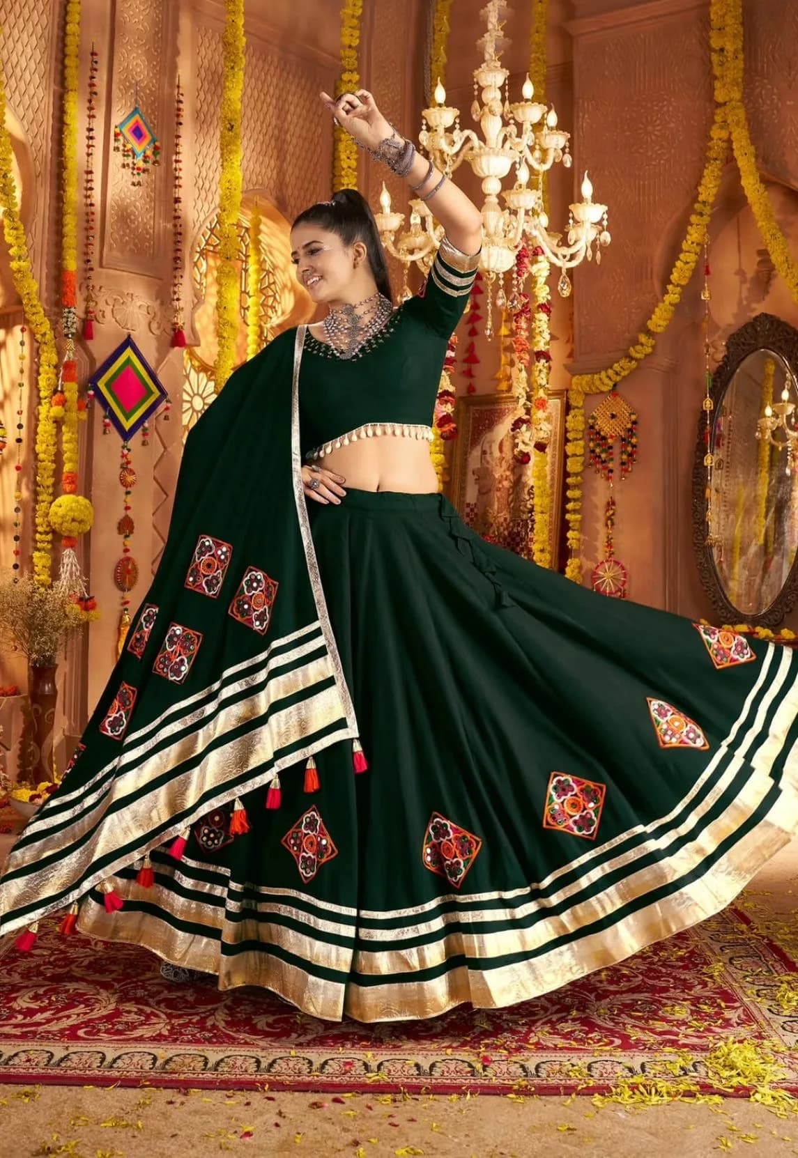 Emerald Green Kutchi Tassel Lehenga Set