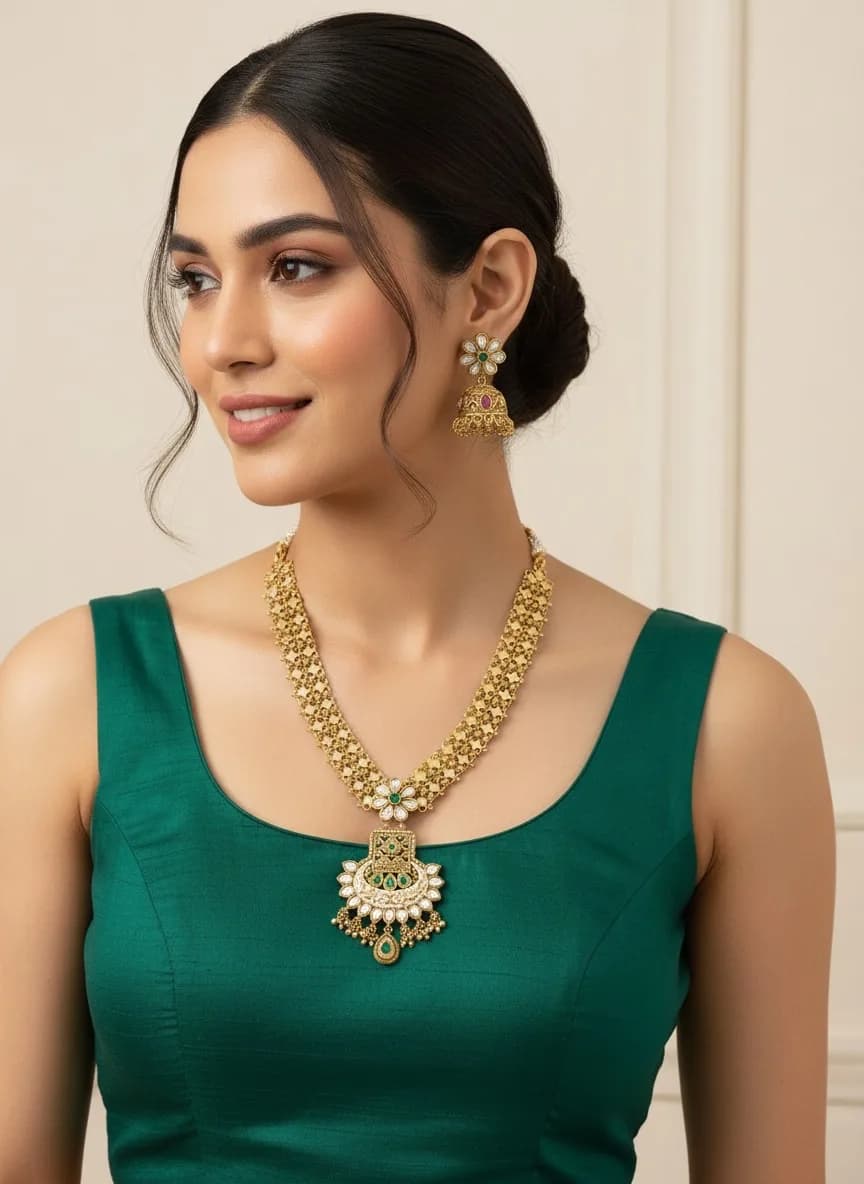 Rajwadi Kundan Necklace & Jhumka Earrings Set