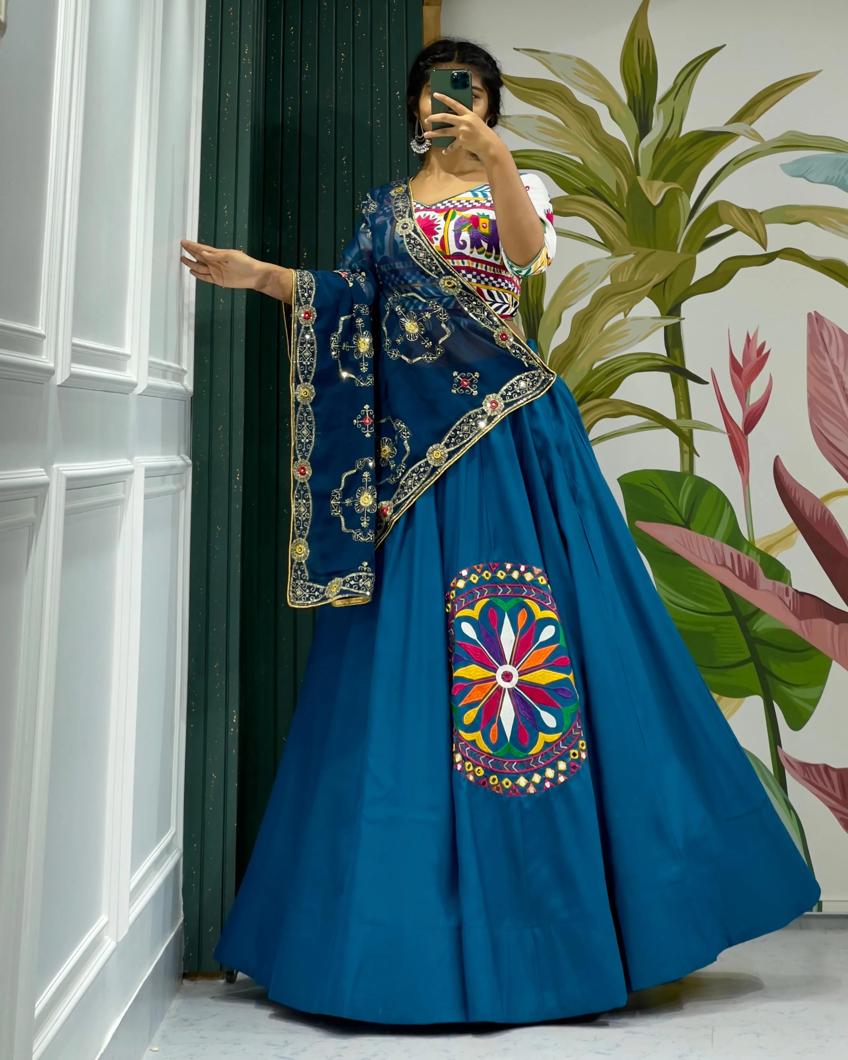 Navy Blue Patchwork Pleated Lehenga with Embroidered Blouse