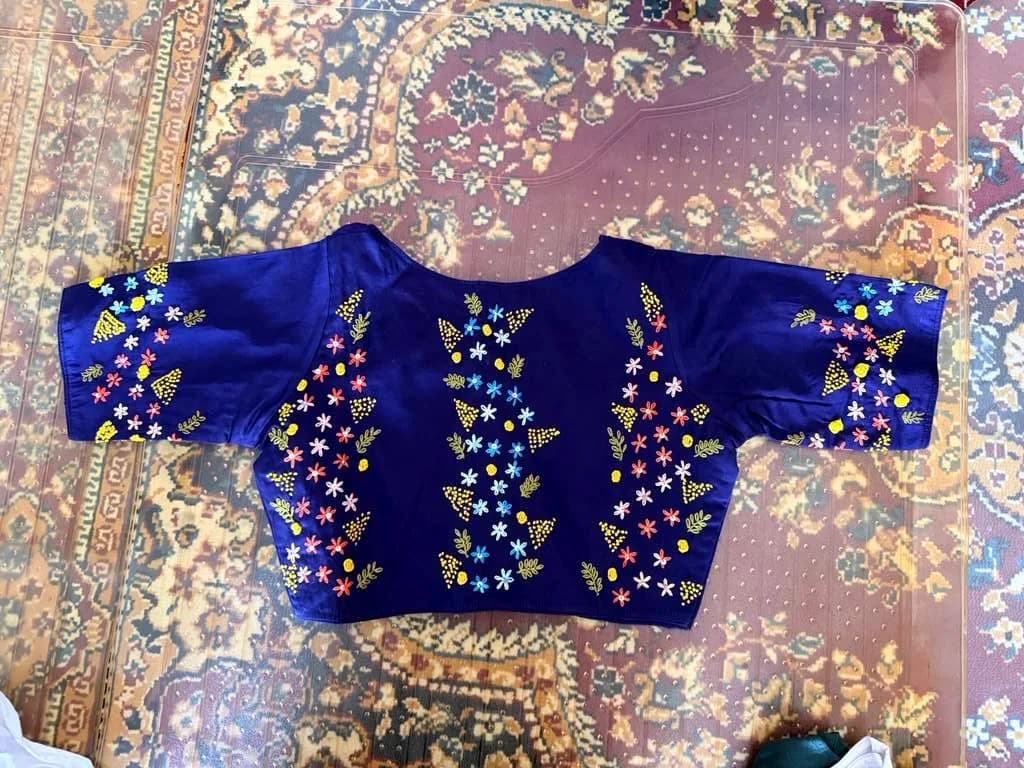 Royal Blue Cotton Floral Hand-Embroidered Blouse