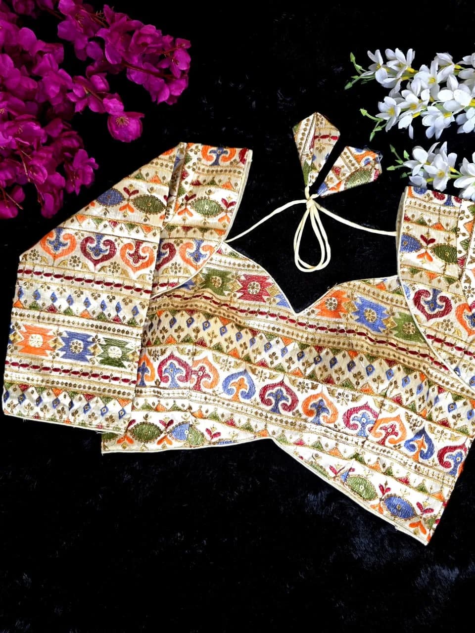 Malbari Ivory Multi‑Color Embroidered Blouse
