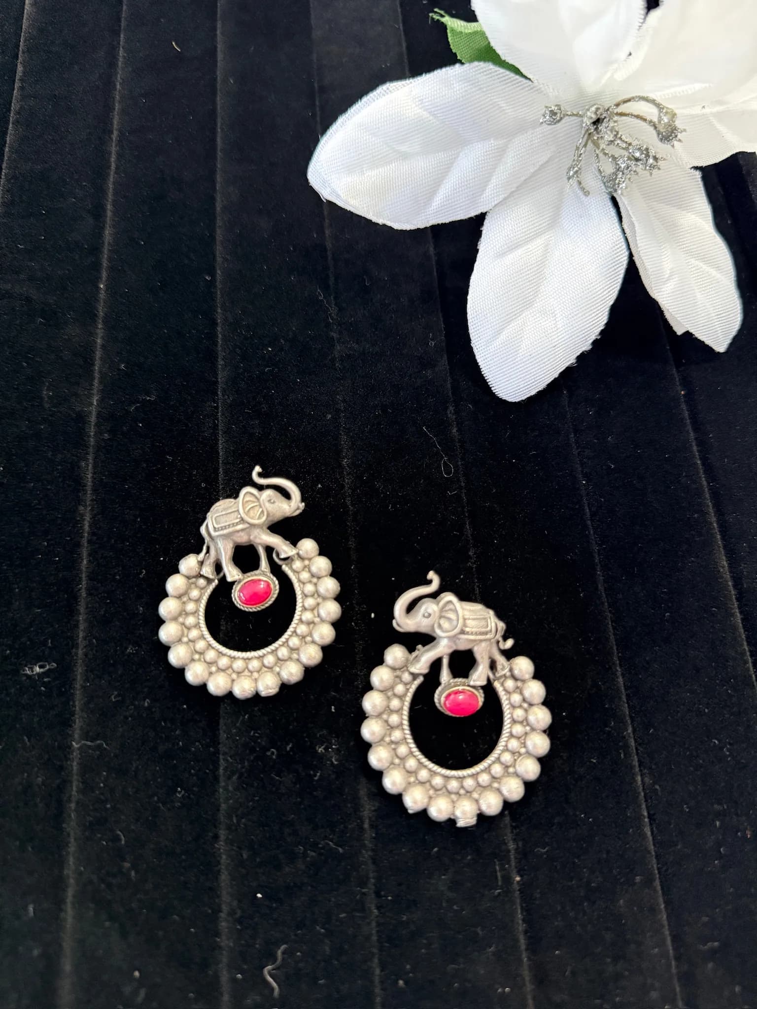 Oxidised Elephant Ruby Earrings