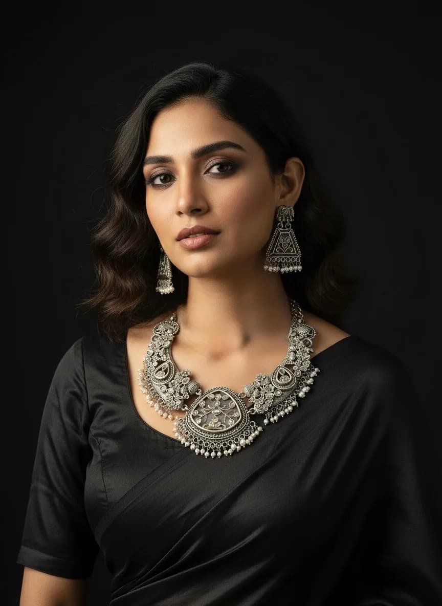 German Silver Floral Pearl Necklace Set