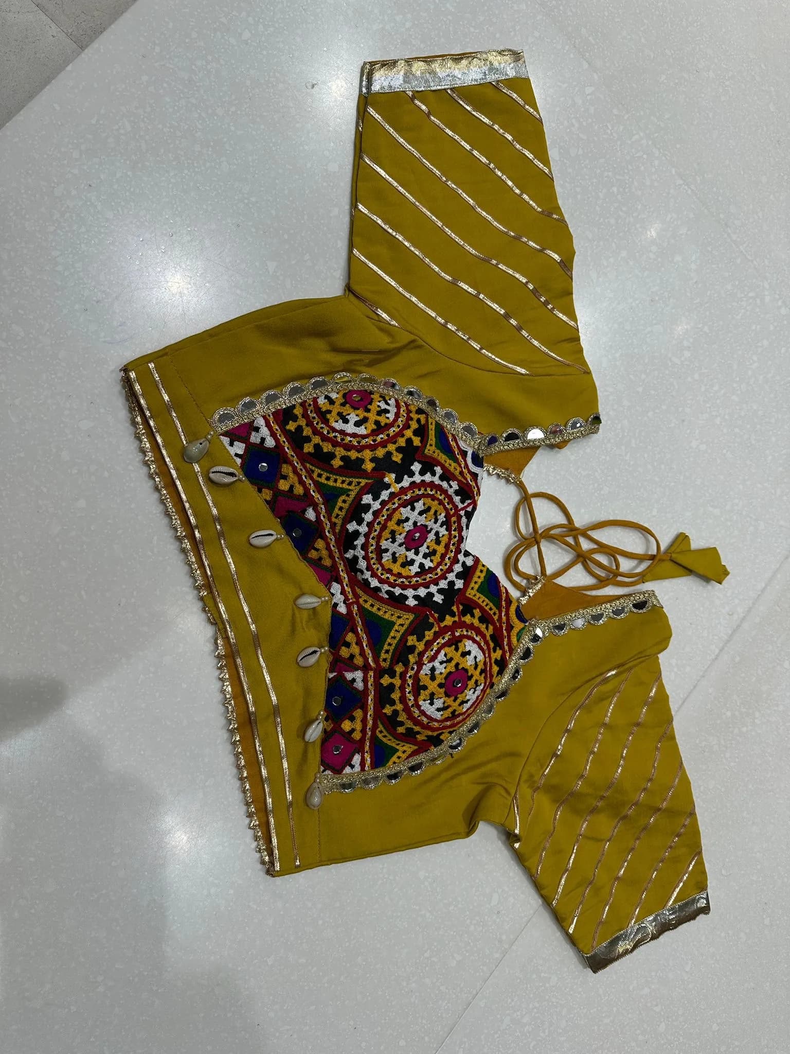 Mustard Mirror-Work Kutchi Embroidered Cowrie Blouse (Available in 3 colors)