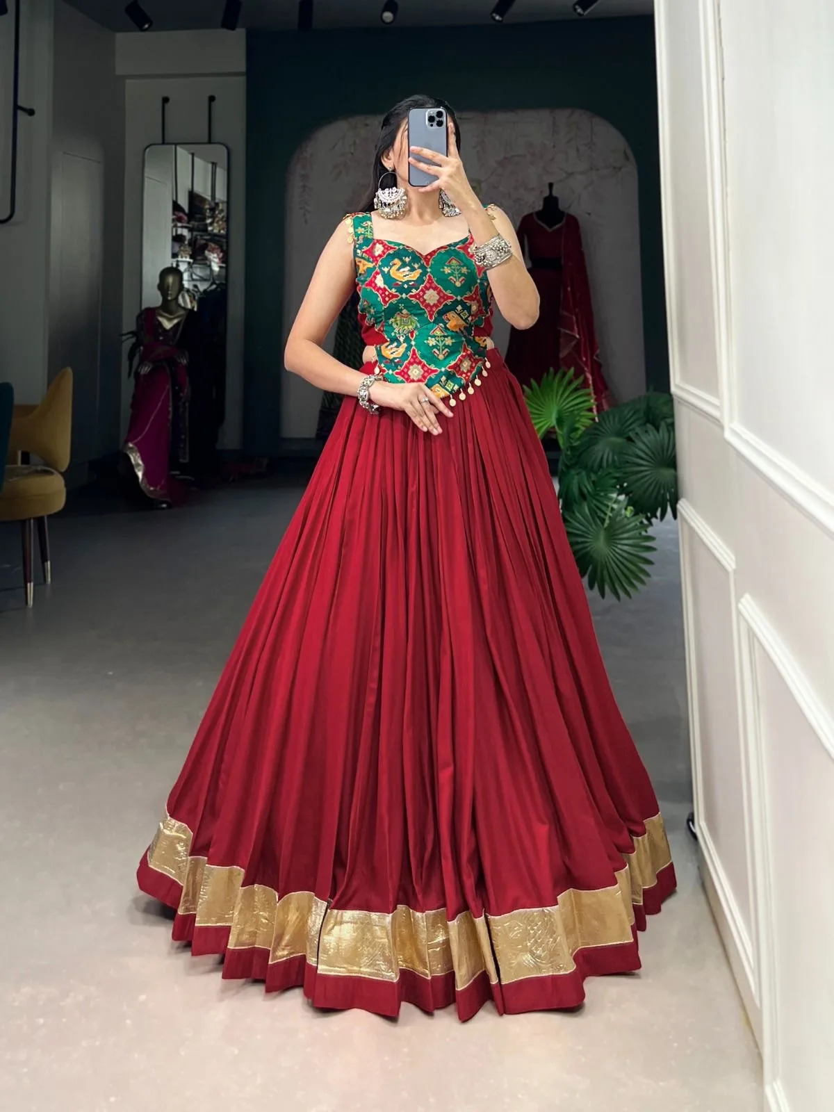 Red Pleated Lehenga with Green Printed Blouse