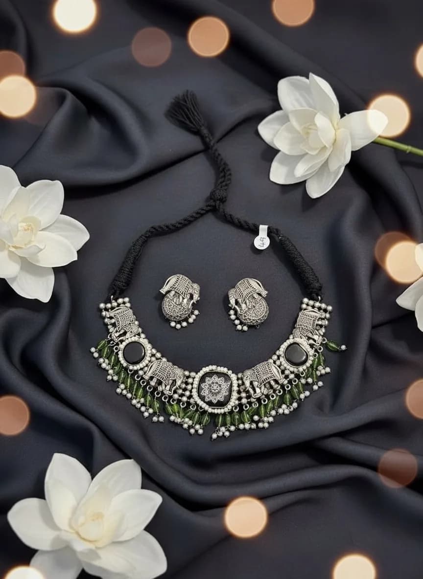 Oxidised Green Bead Tribal Choker Set