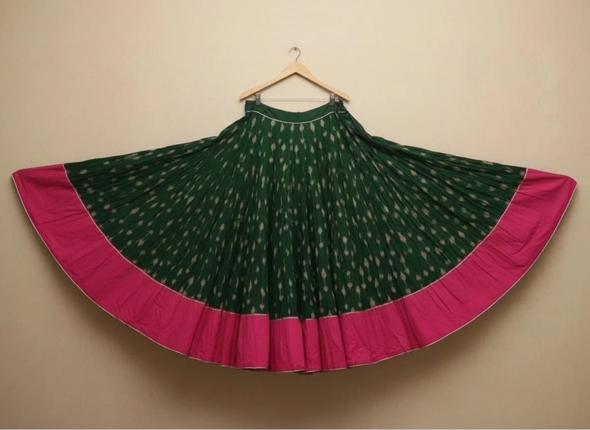 Emerald Green Ikat Print Cotton Skirt with Pink Border