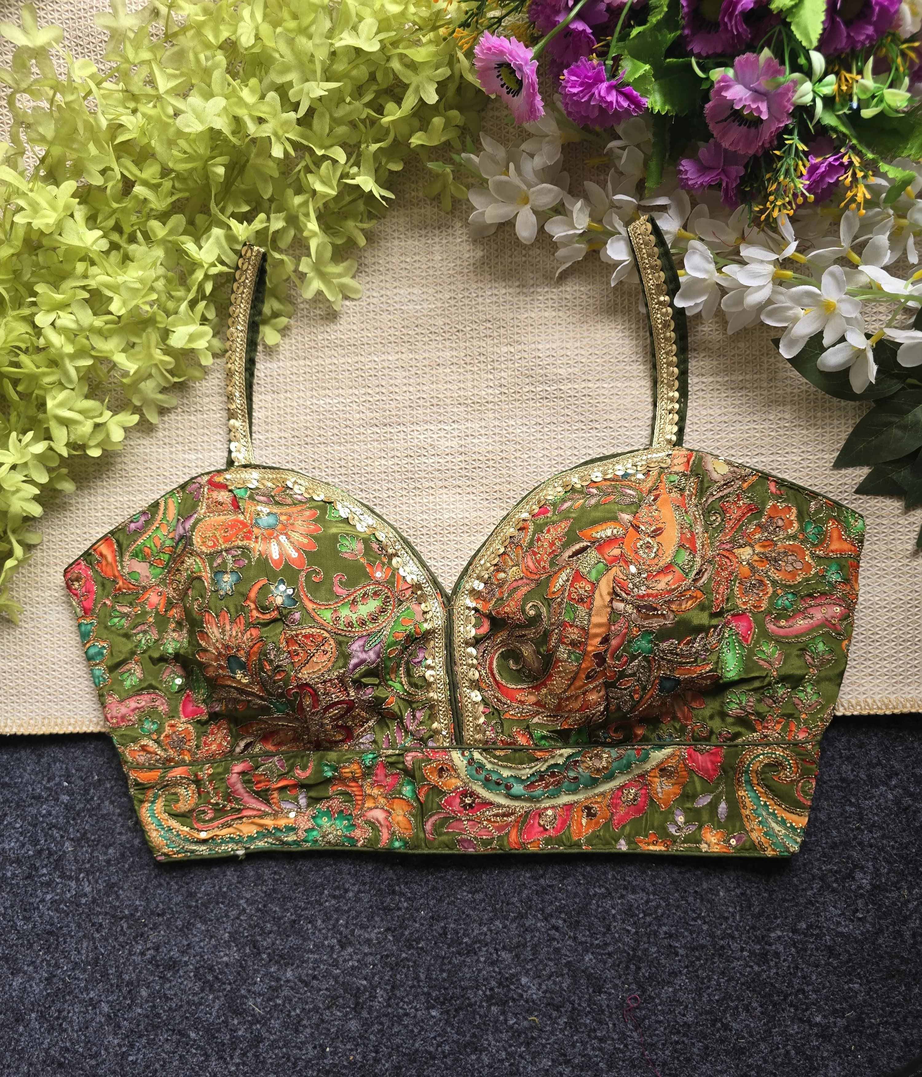 Zardozi Olive Green Paisley Spaghetti Blouse