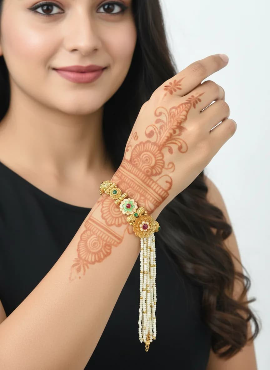 Floral Kundan Pearl Tassel Bracelet