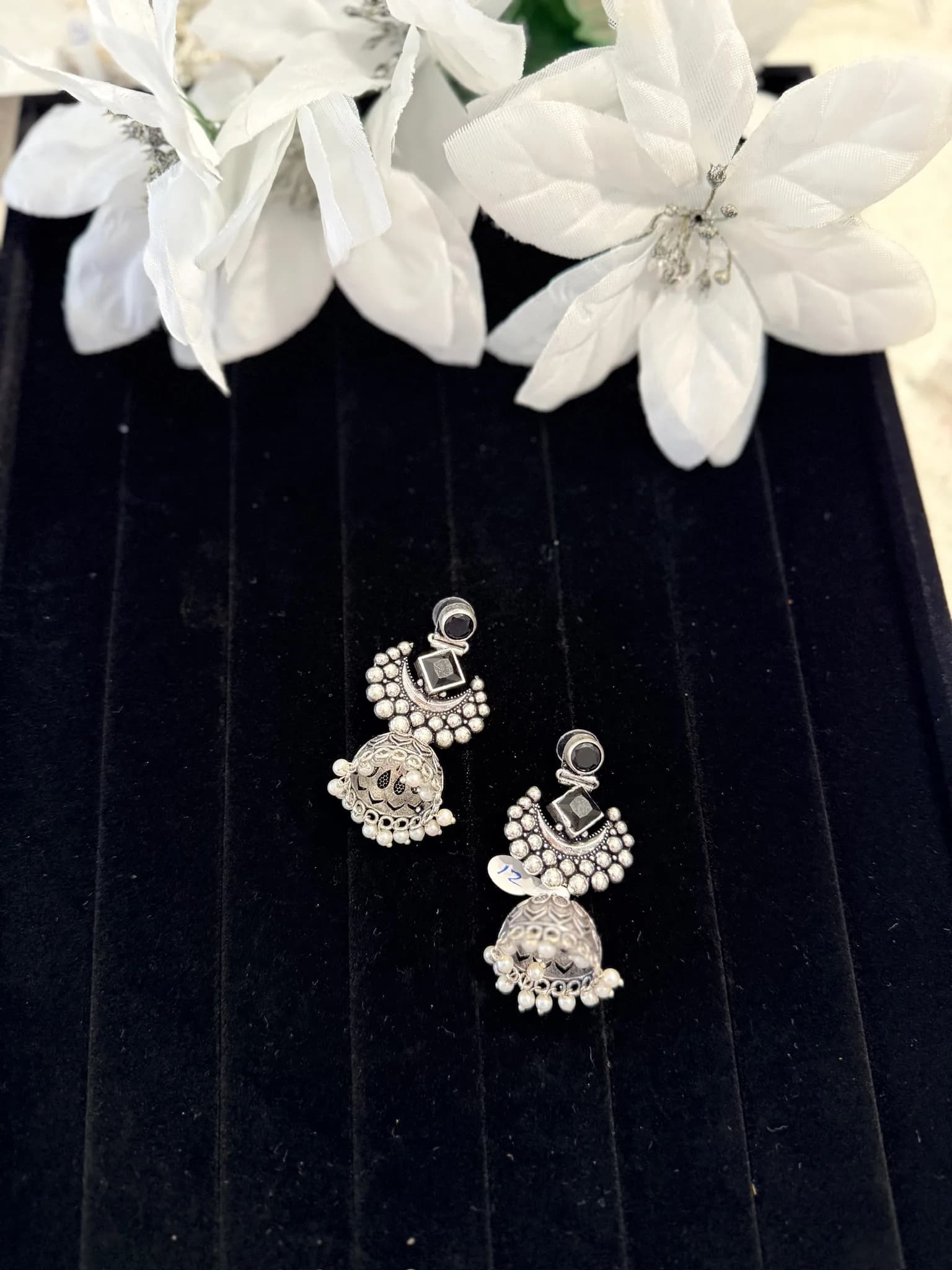 Oxidised Pearl Chandbali Earrings