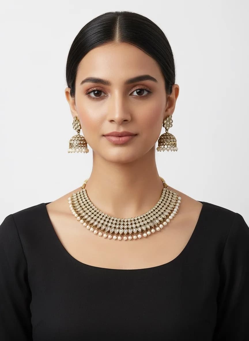 Pearl Kundan Choker Necklace & Jhumka Earrings Set